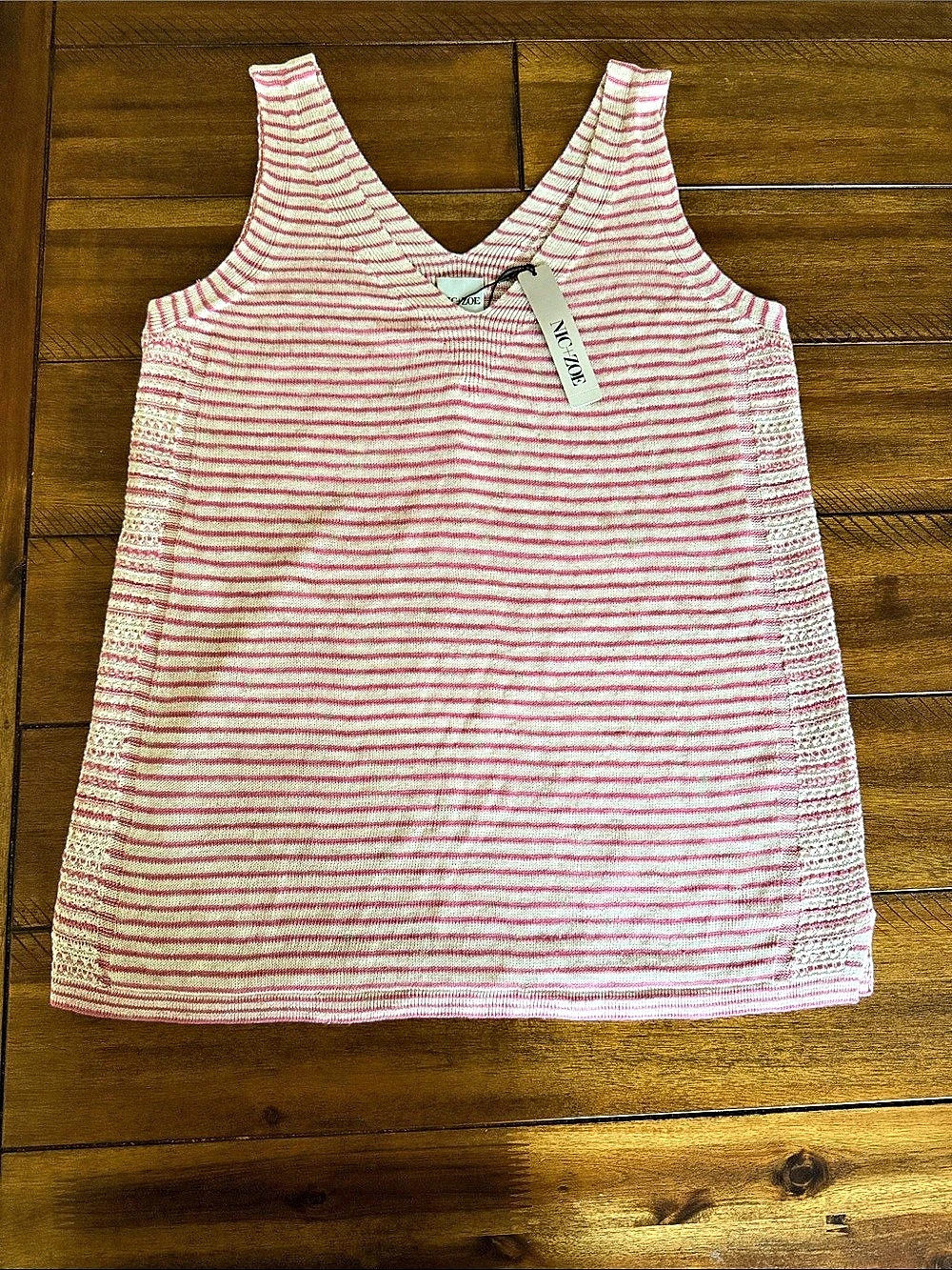 NIC+ZOE Women’s XS Pink Beige Striped Knit V-Neck Tank Crochet Lightweight